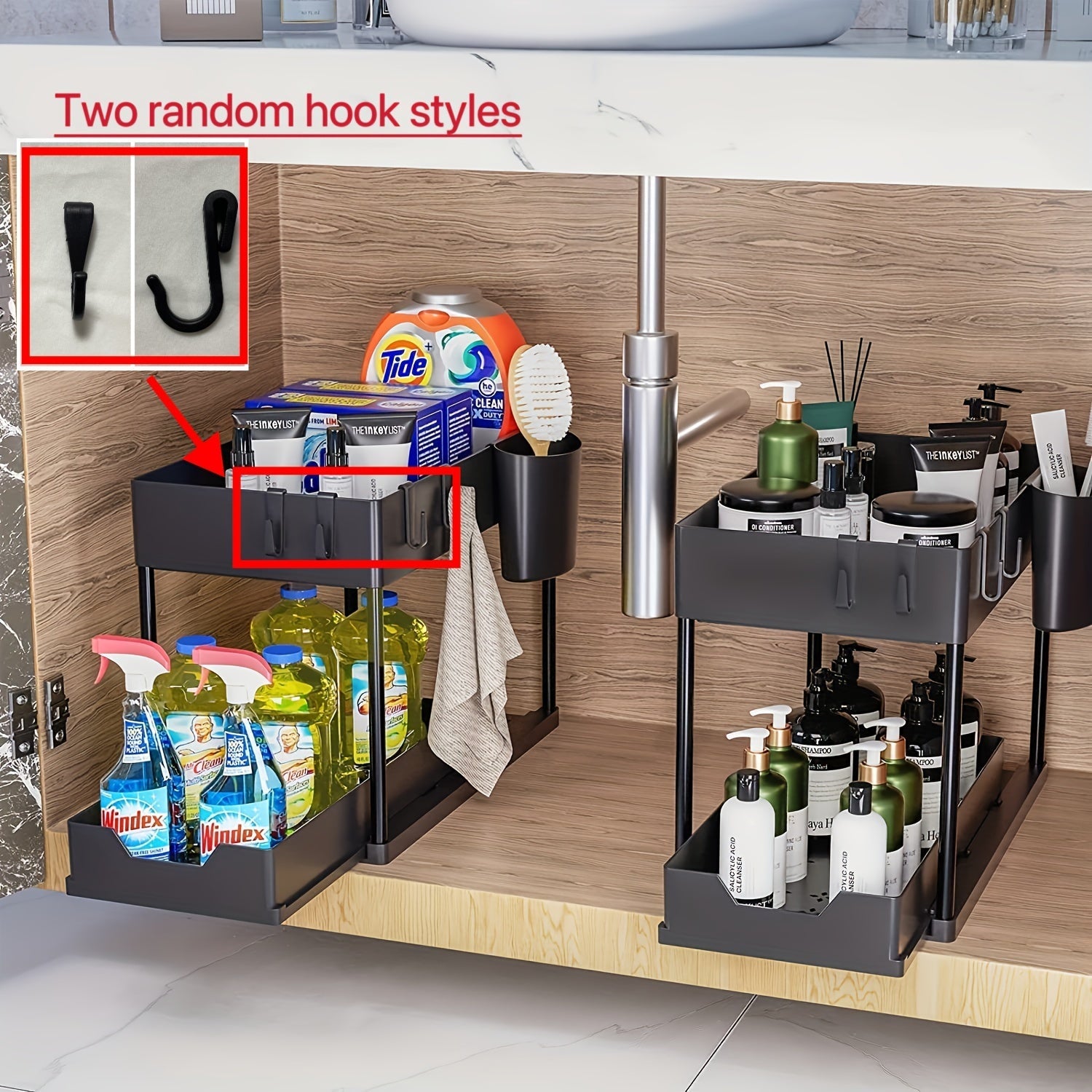 Organizador extraíble para debajo del fregadero con 2 niveles, cesta de plástico deslizante para armario