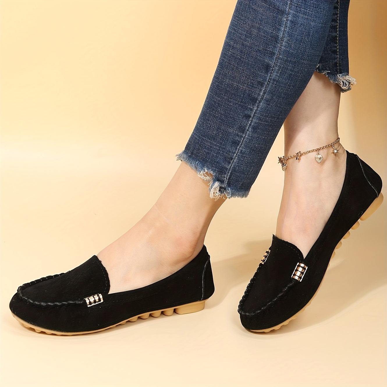 Women's Leather Round Toe Loafers Slip On Shoes Solid Comfort
