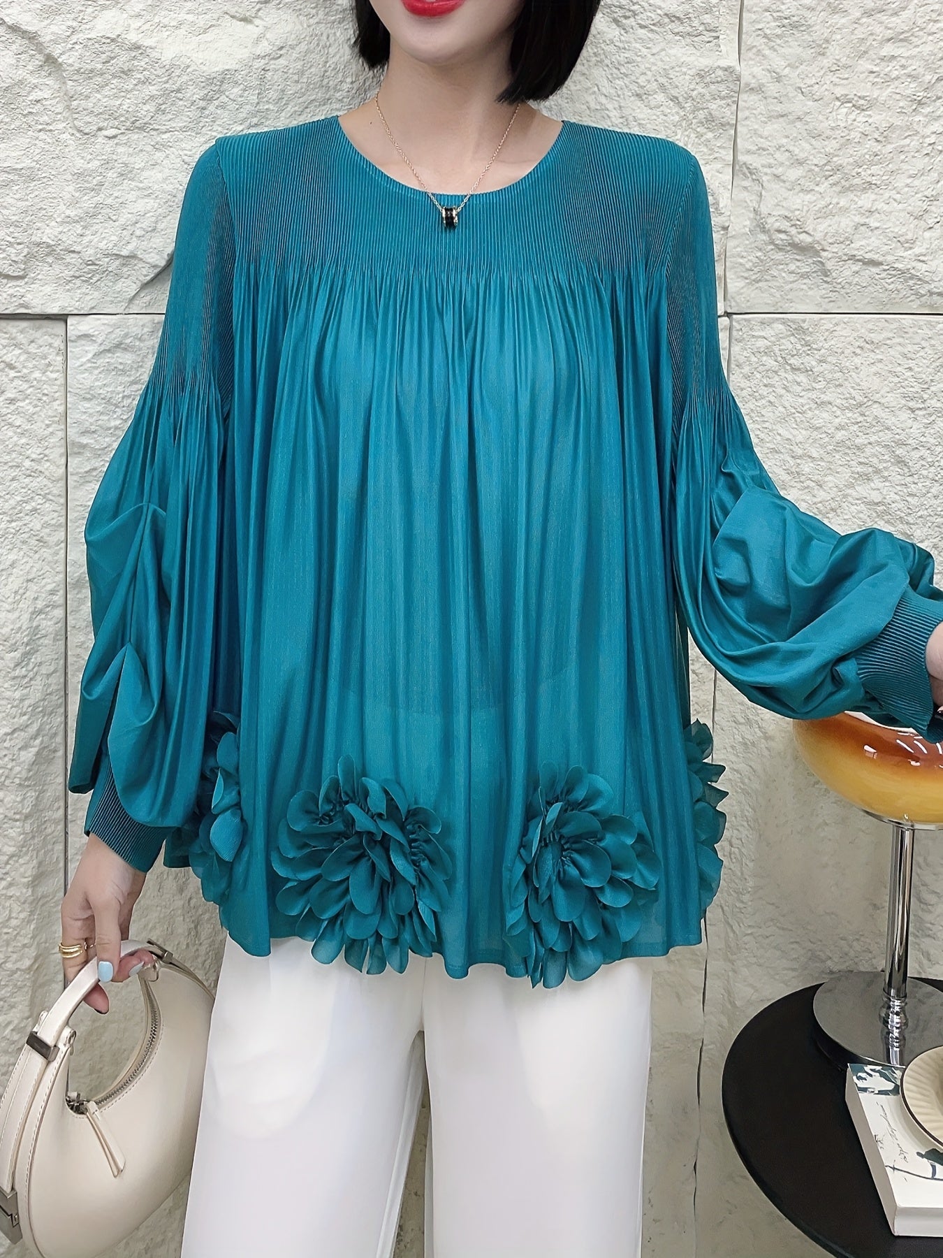 Women's Oversized Pleated Blouse with Floral Applique Light Blue Long Sleeve