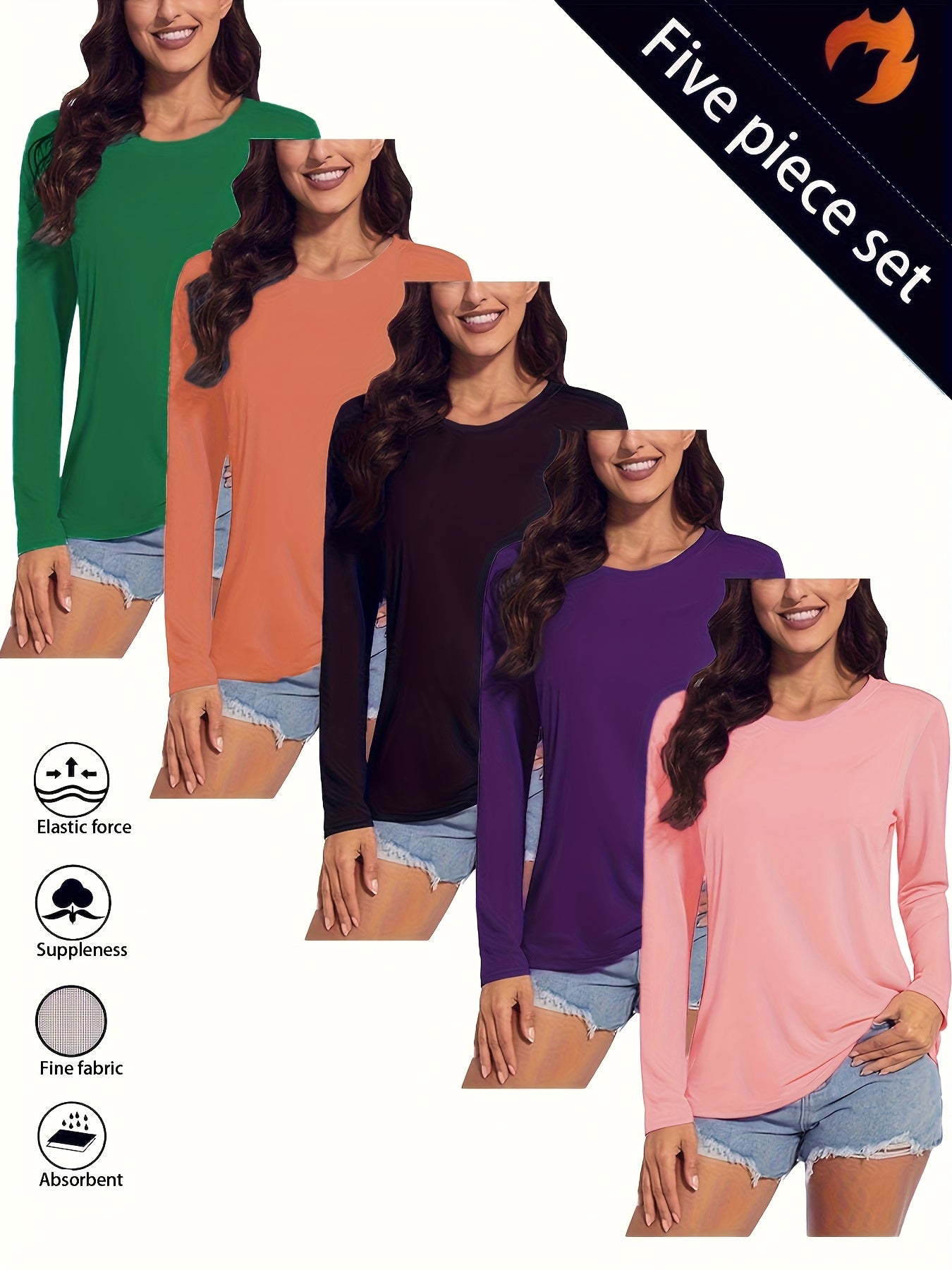 Plus Size Women's Long Sleeve Solid Color T-Shirts for Spring Summer Set