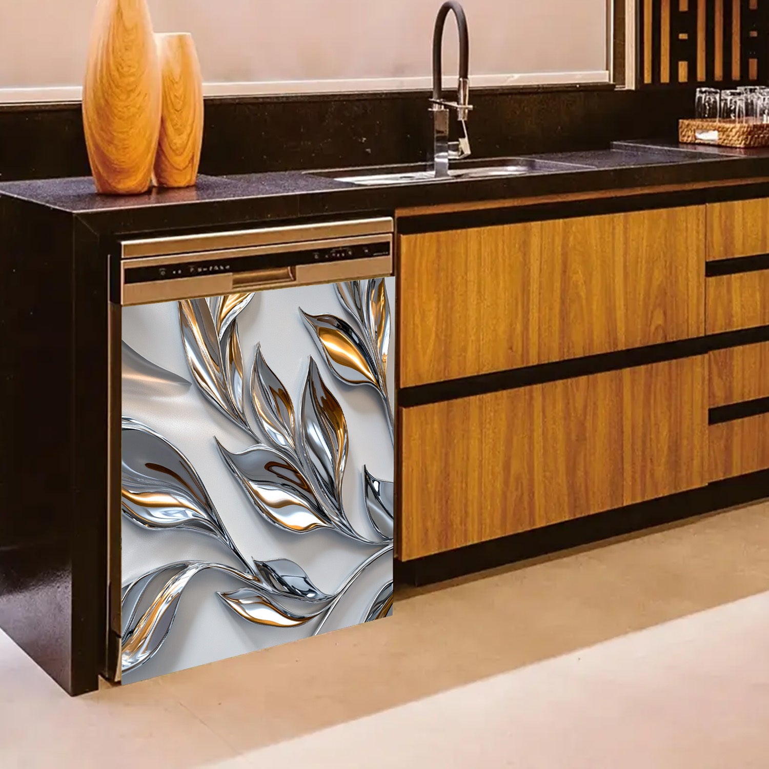 Cubierta de imán para lavavajillas con patrón de hoja de plata y oro, resistente al agua, a prueba de calor, decorativa de paneles metálicos