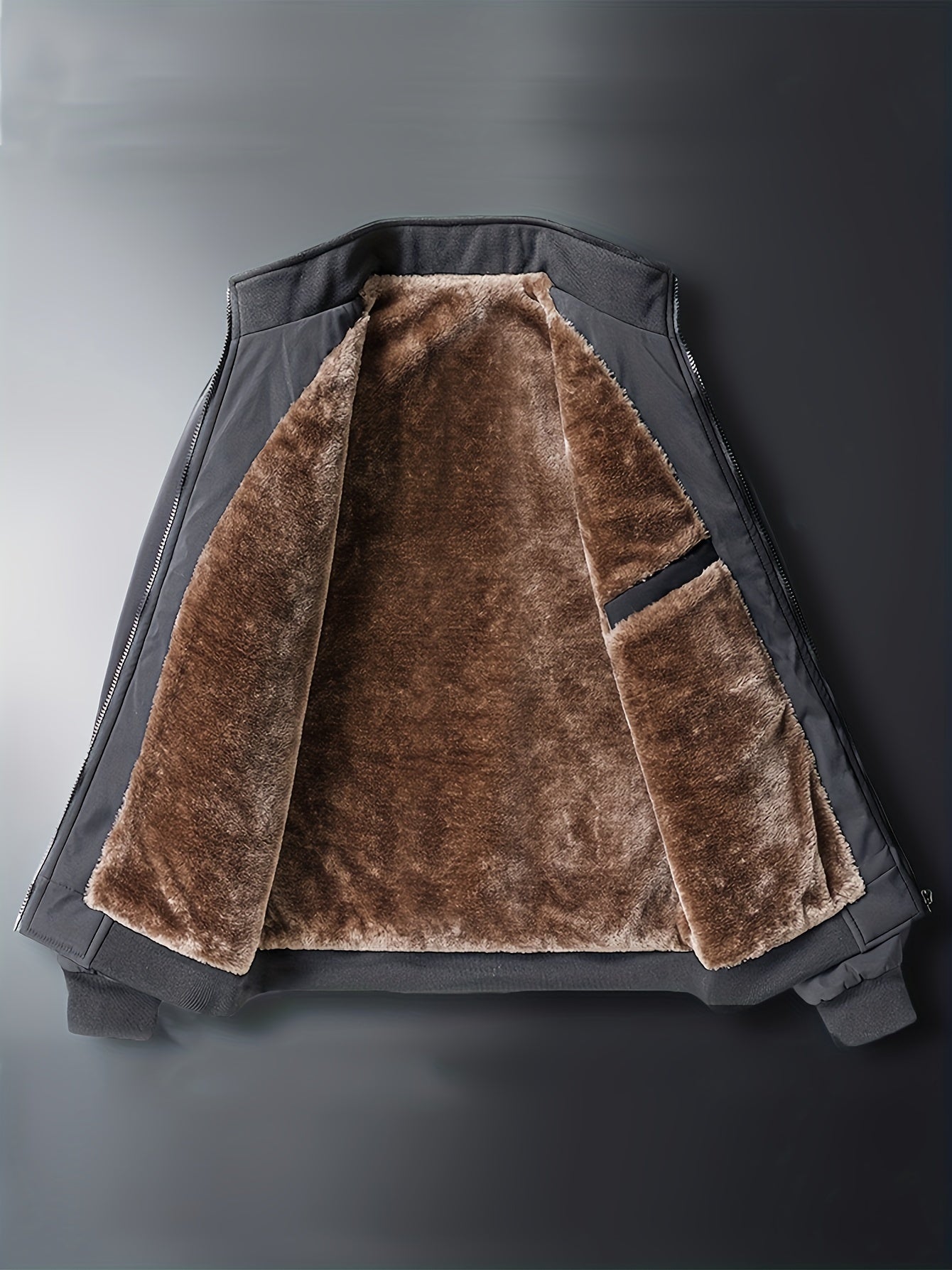 Men's Navy Blue Fleece-Lined Casual Jacket Polyester Stand Collar Zipper Pockets