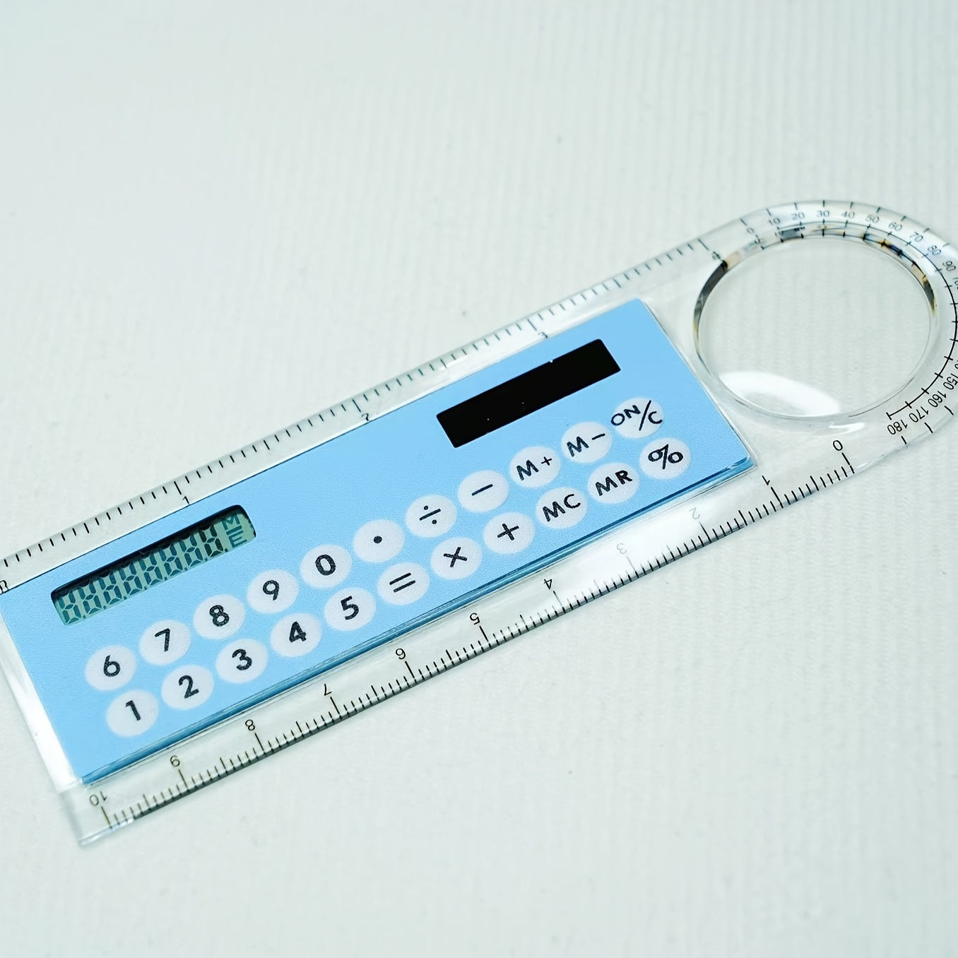 Mini Ultra-Thin Solar Calculator Ruler with Magnifying Glass 10cm Office School Supplies