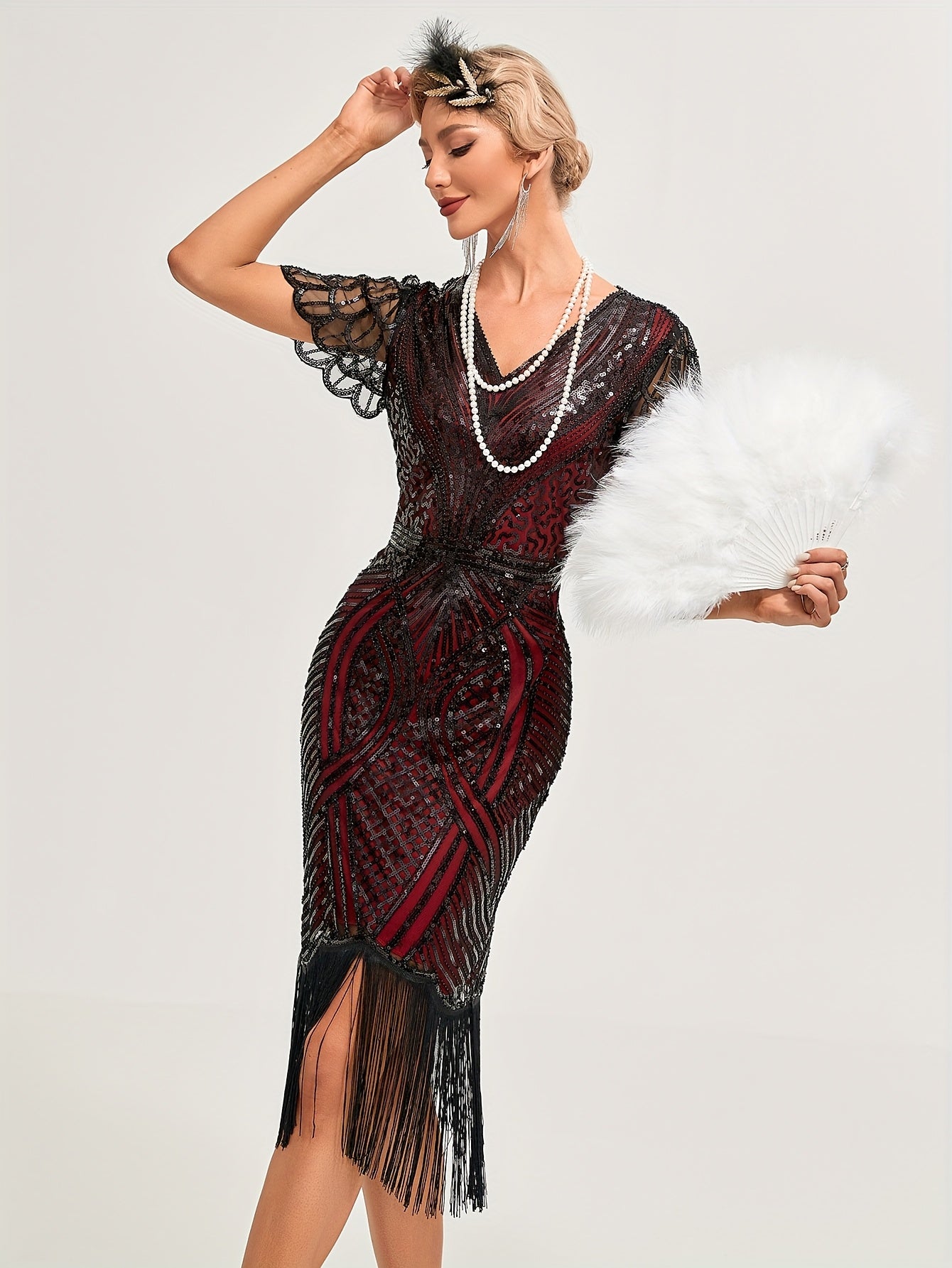 Women's Sequin V-Neck Midi Dress with Tassels and Embroidery