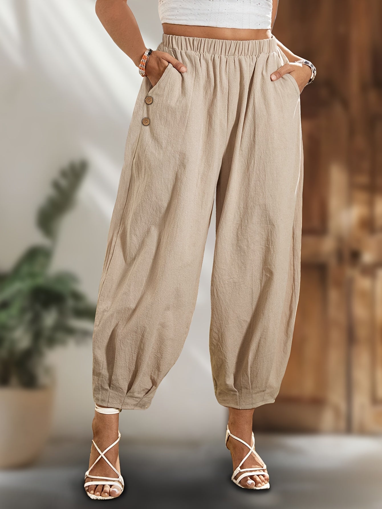 Plus Size Tapered Cotton Pants Pleated Button Hem Ladies' Fashion