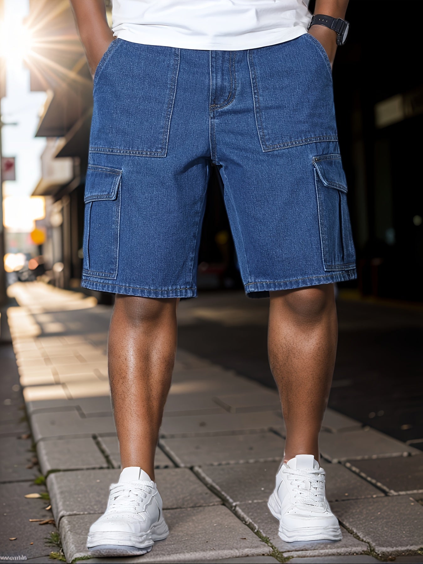 Men's Plus Size Summer Denim Shorts Solid Color Casual Loose Fit Non-Stretch Cotton Blend