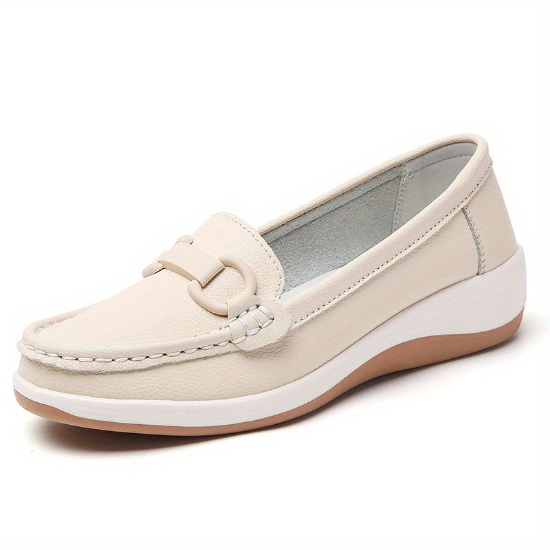 Women's Beige Slip-On Loafers Casual Flats Rounded Toe Low-Top Upper