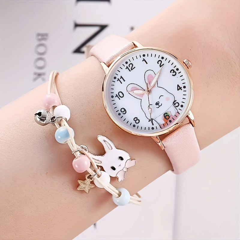 Women's Rabbit-Inspired Watch and Bracelet Set with Faux Leather Bands