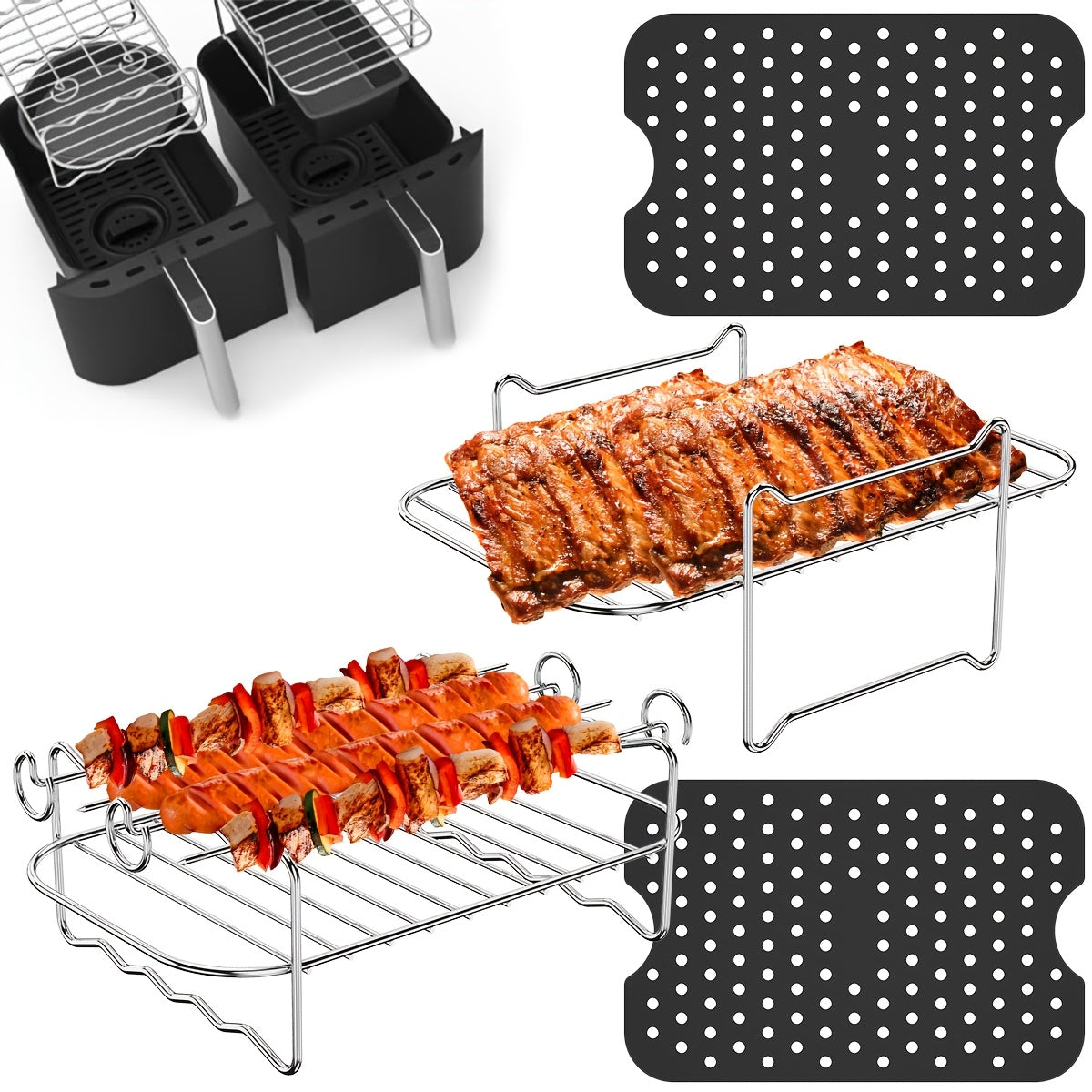 Juego de 2 rejillas de acero inoxidable para freidora de aire con brochetas y revestimientos de silicona para Ninja Air Fryer