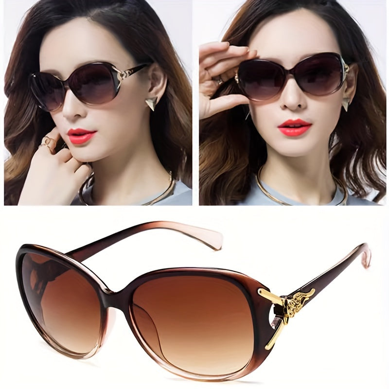 Gafas de moda para mujer con marco ovalado, detalles de zorro en dorado, lentes con gradiente, material de PC