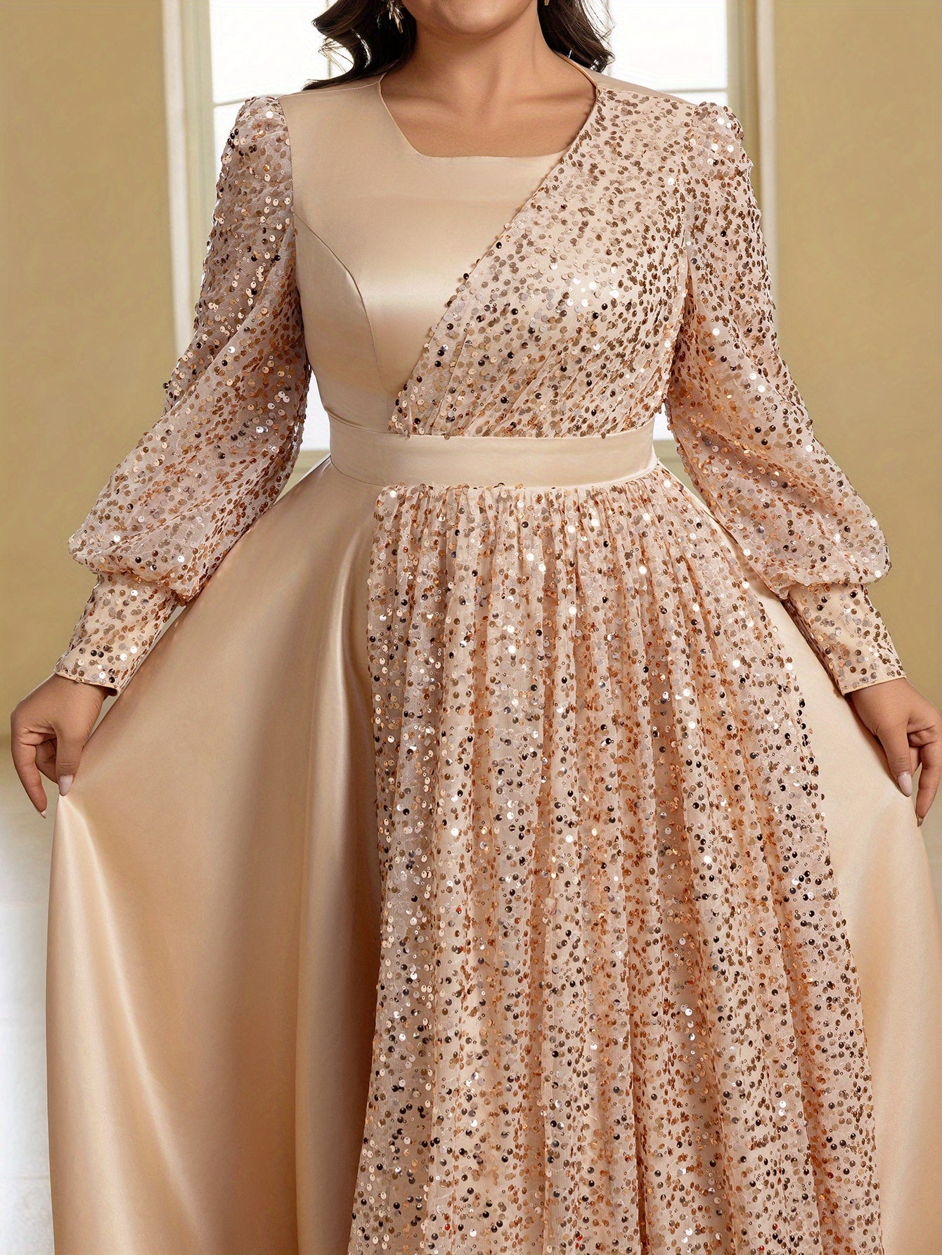 Plus Size Formal Evening Dress Satin Sequin Lantern Sleeve Gown