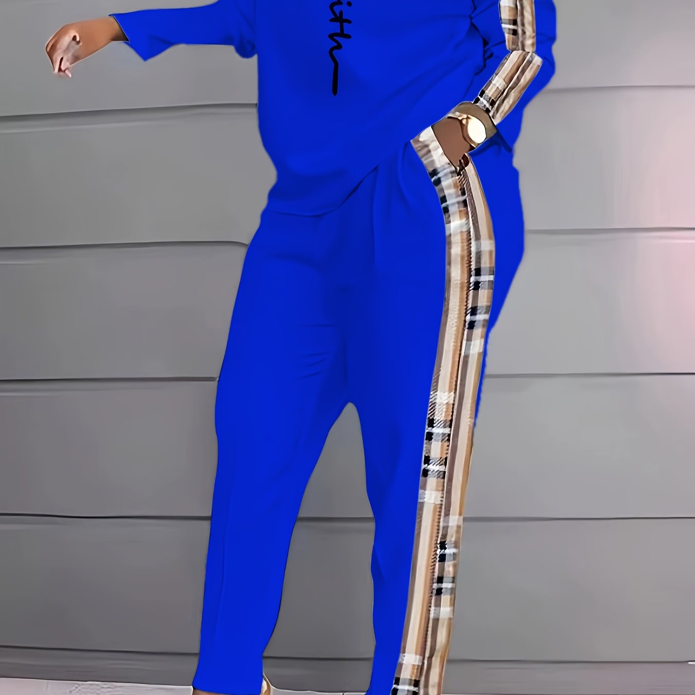 Women's Plaid Print Spandex Knit Jumpsuit with Crew Neck Pockets for Fall Winter