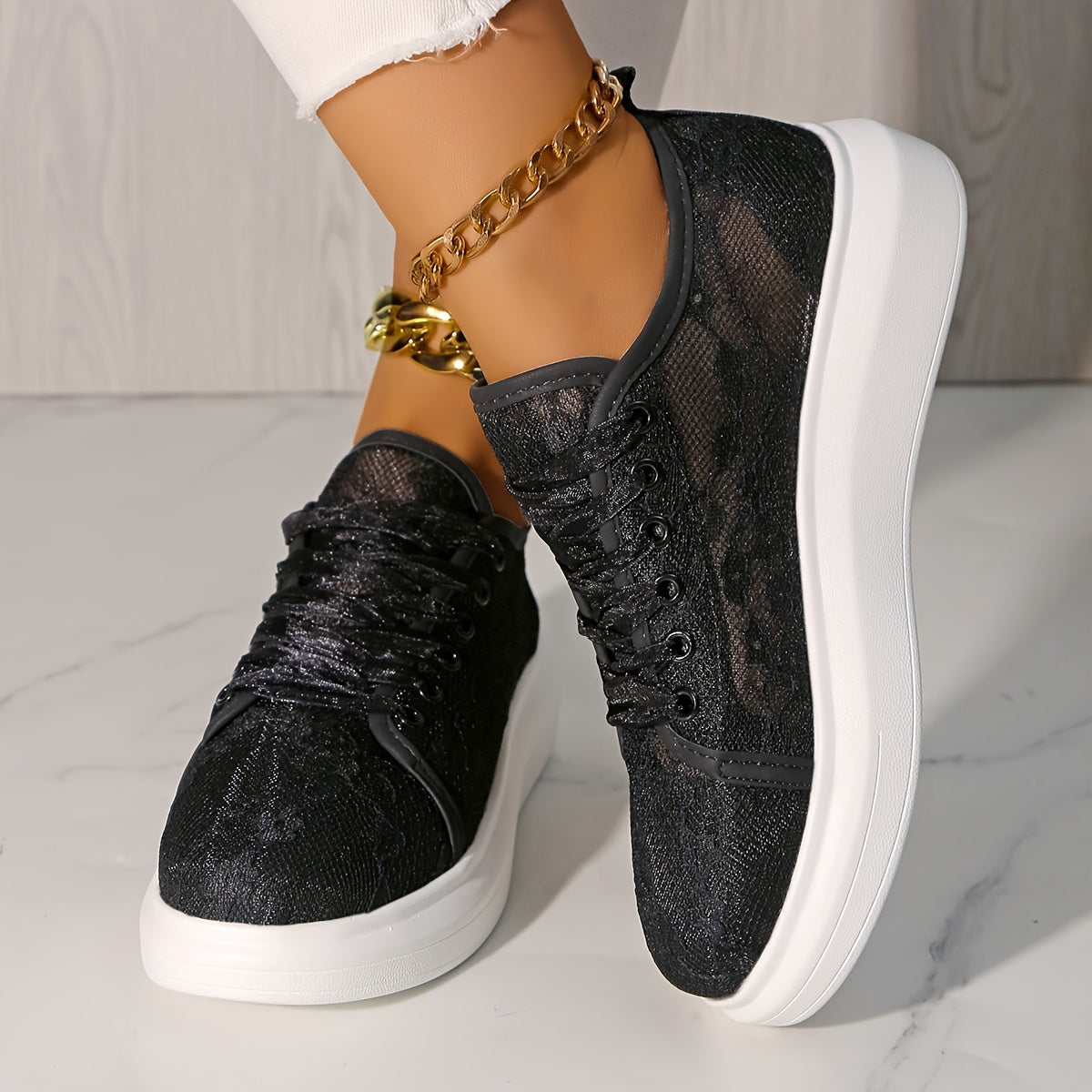 Women's White Floral Lace Mesh Breathable Sneakers for Walking and Travel