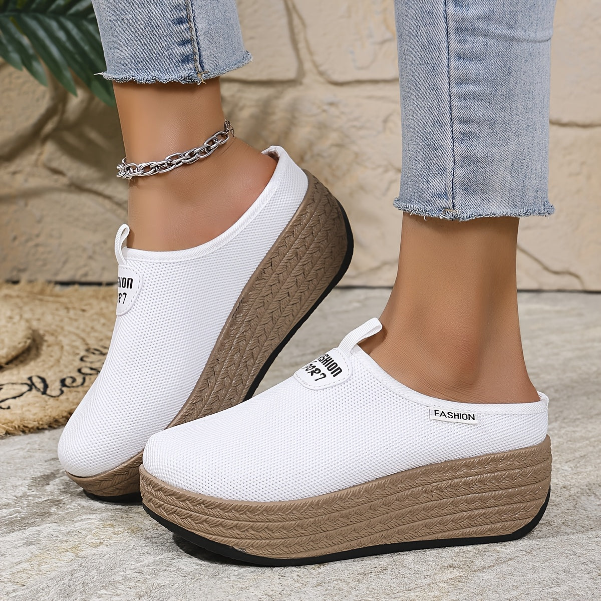 Zapatillas casuales para mujer con suela gruesa y sin cordones, parte superior de tela negra, suela de TPR