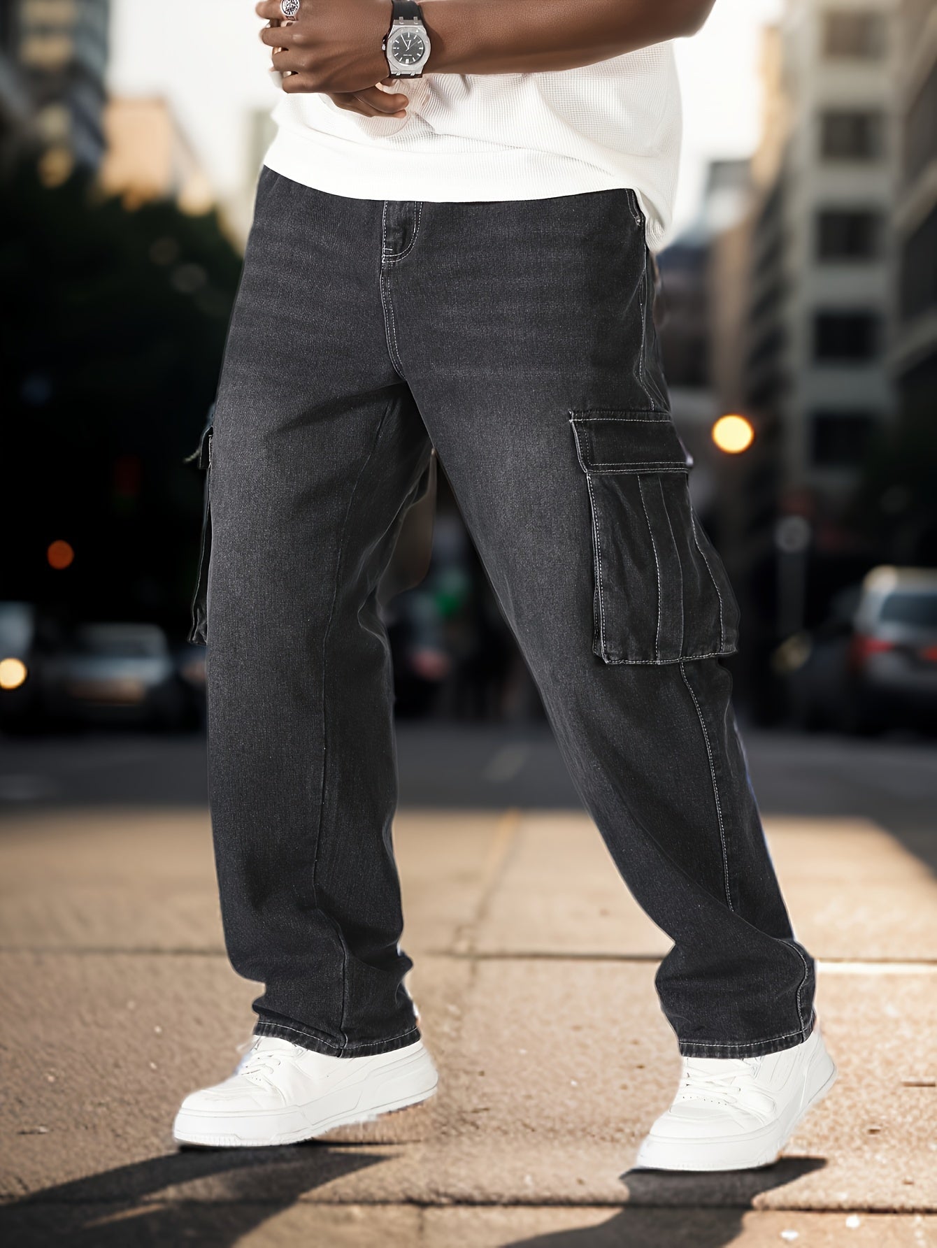 Plus Size Cargo Jeans for Men Loose Fit Straight Leg Non-Stretch Denim Casual Pants