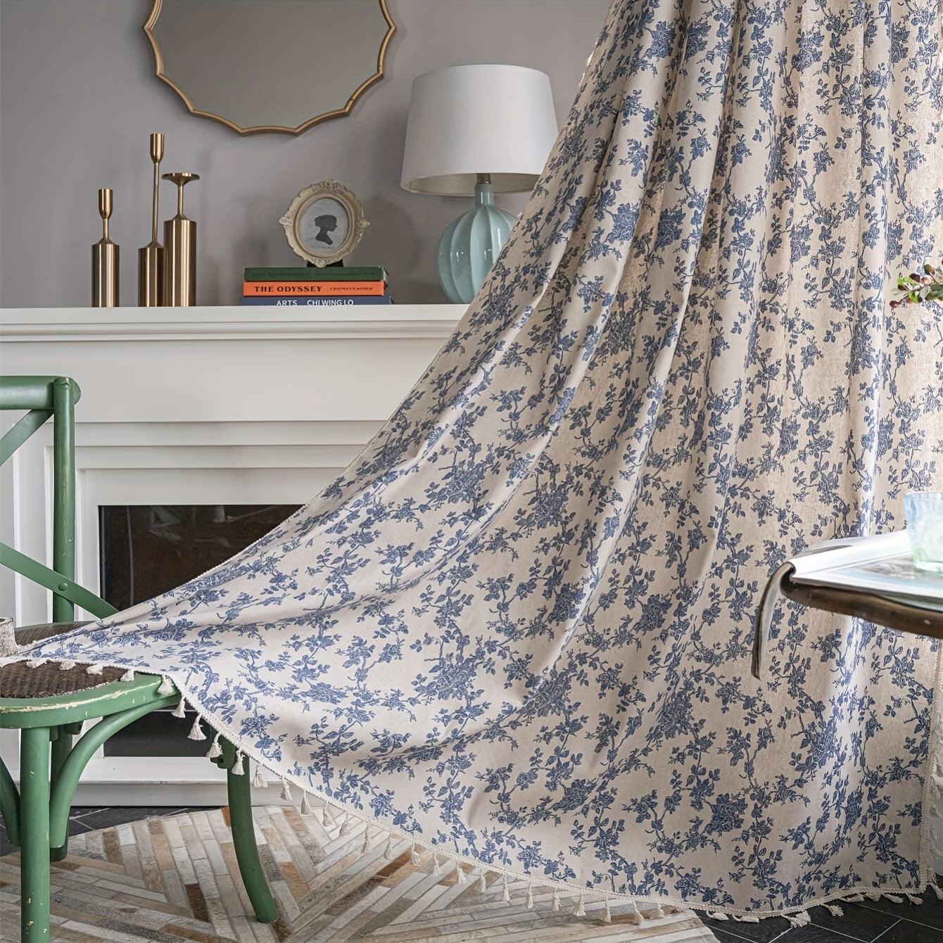 American Country Flower Cotton Linen Curtain Beige Fringed Window Drapery for Living Room Bedroom Kitchen