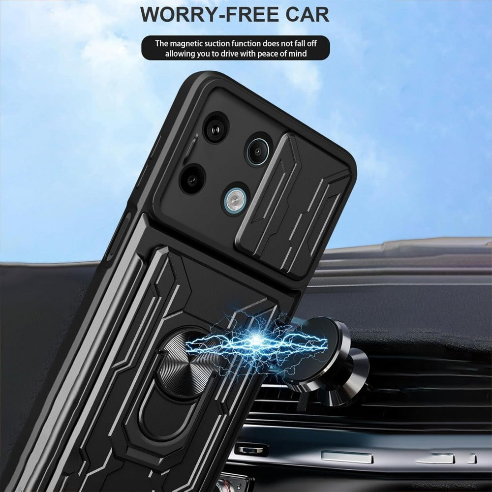 Black PC Phone Case for Xiaomi Redmi Note 13 with Card Holder Camera Cover and Kickstand