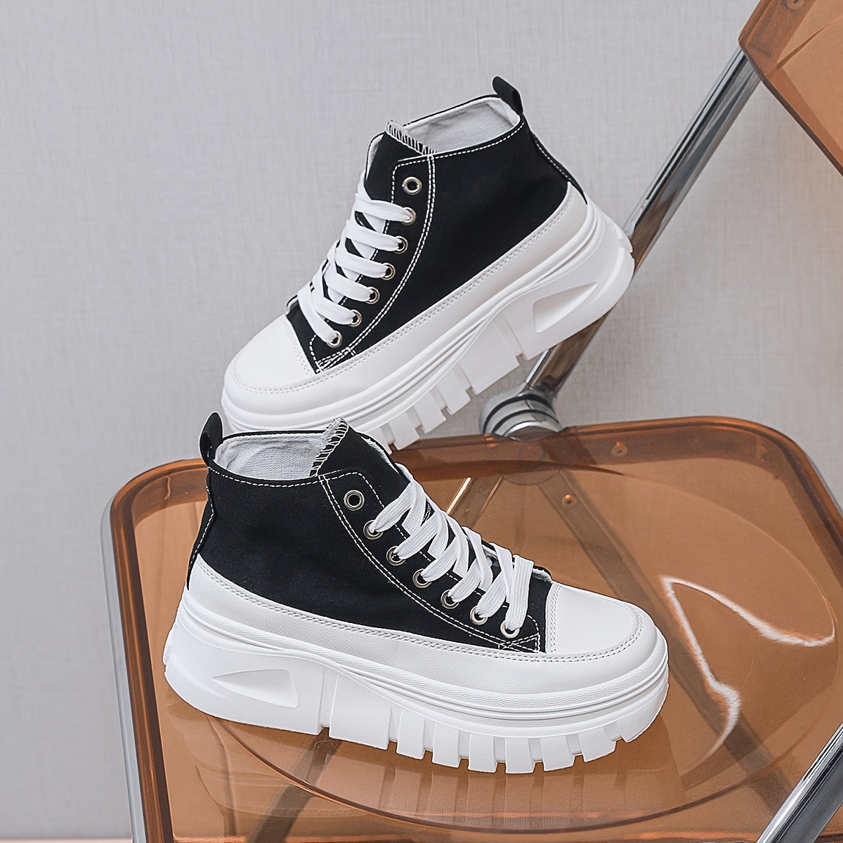 Women's Chunky Platform Lace-Up Sneakers Breathable Mid-Top Casual Shoes