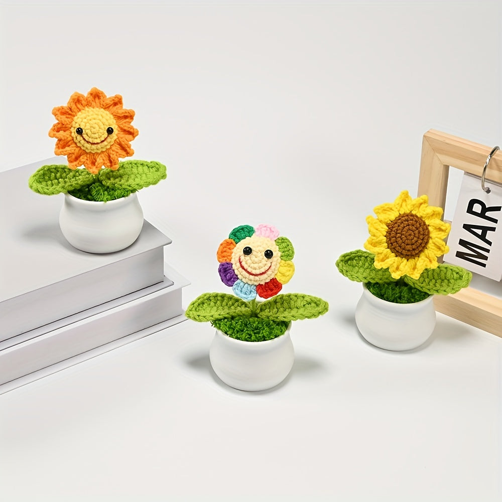 Crochet Sunflower Bonsai Decor with Smiling Face for Home Office Gift