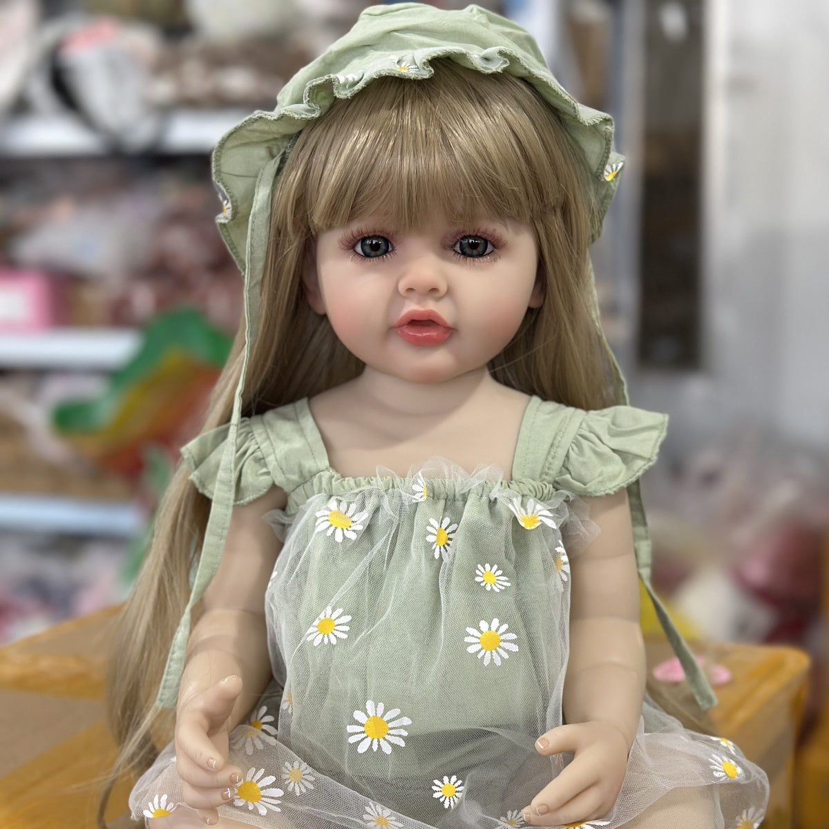 Full Vinyl Baby Doll 55.88 cm with Long Blonde Hair Green Daisy Dress Toddler Toy