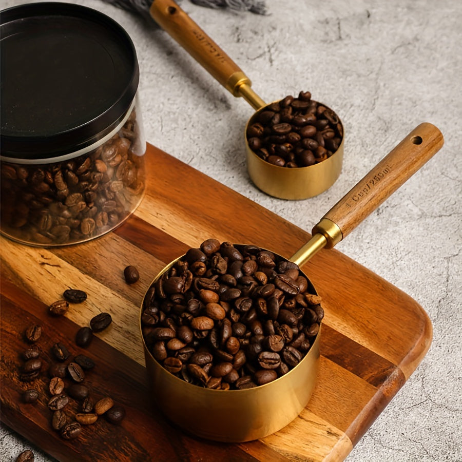 Set of 4 Stainless Steel Measuring Cups and Spoons with Wooden Handles
