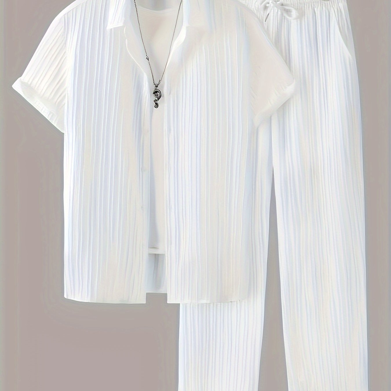 Men's Casual Set Polyester Striped Shirt with Buttons and Drawstring Pants