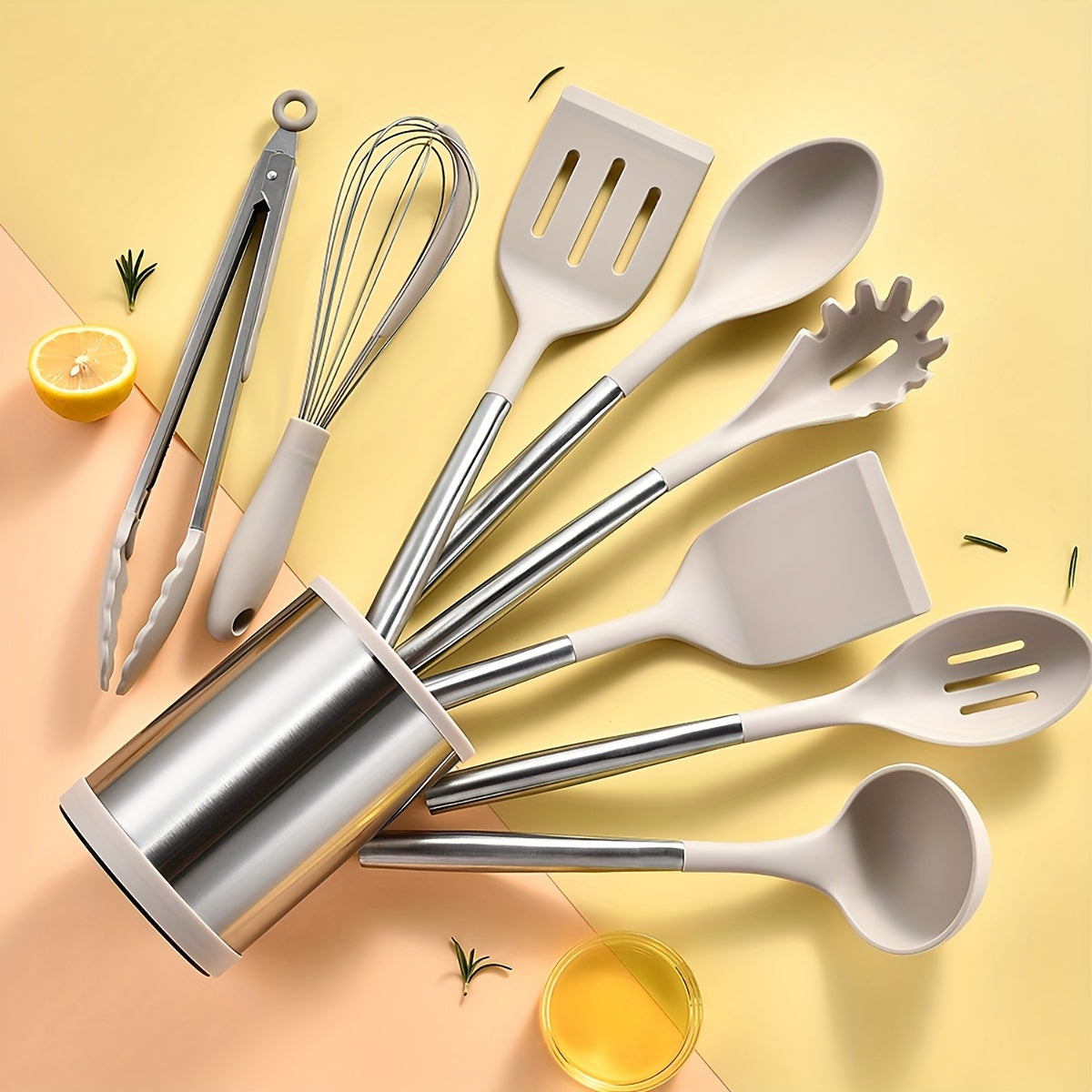 Silicone Kitchen Utensil Set 9 Pieces Non-Stick Cooking Tools with Stainless Steel Handles