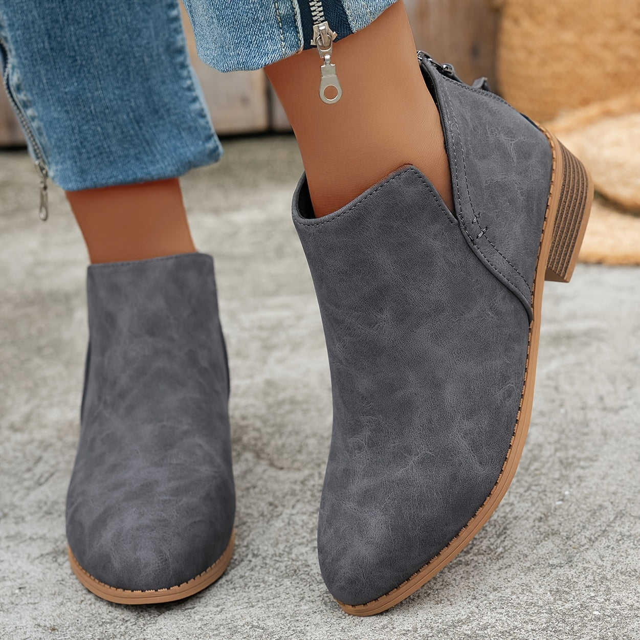 Women's White Ankle Boots Pointed Toe Chunky Heel Zipper Slip-On