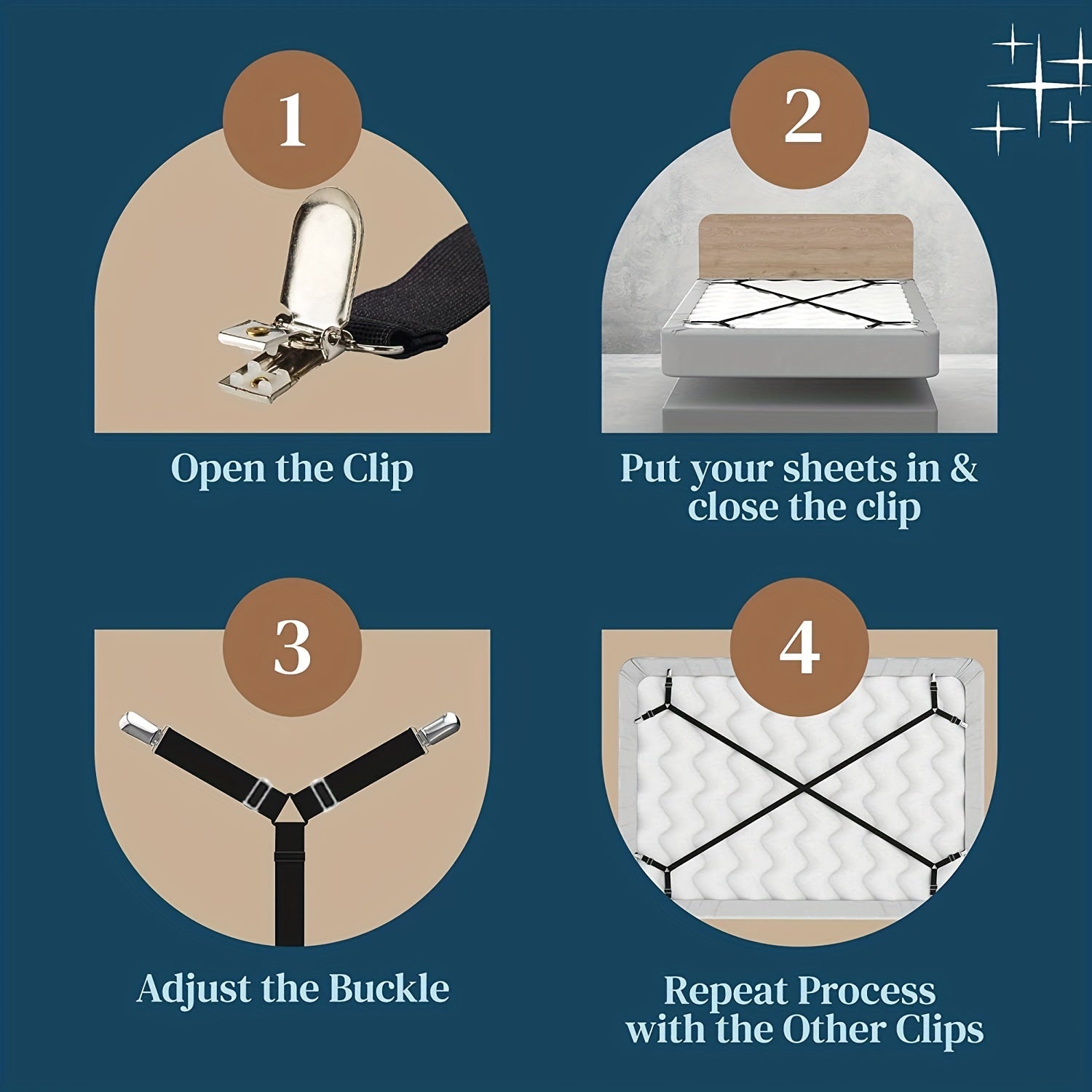 Set of 2 Bed Sheet Holder Straps Adjustable Elastic Fasteners for Fitted Sheets