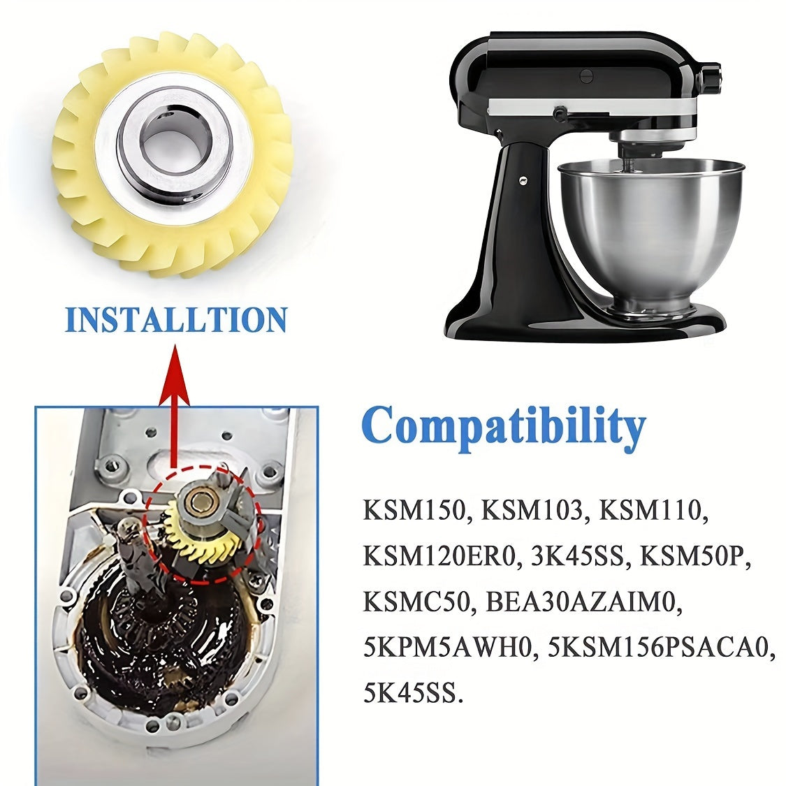 Replacement Worm Gear for Kitchen Mixer Models KSM150 KSM50P 5K45SS W10112253