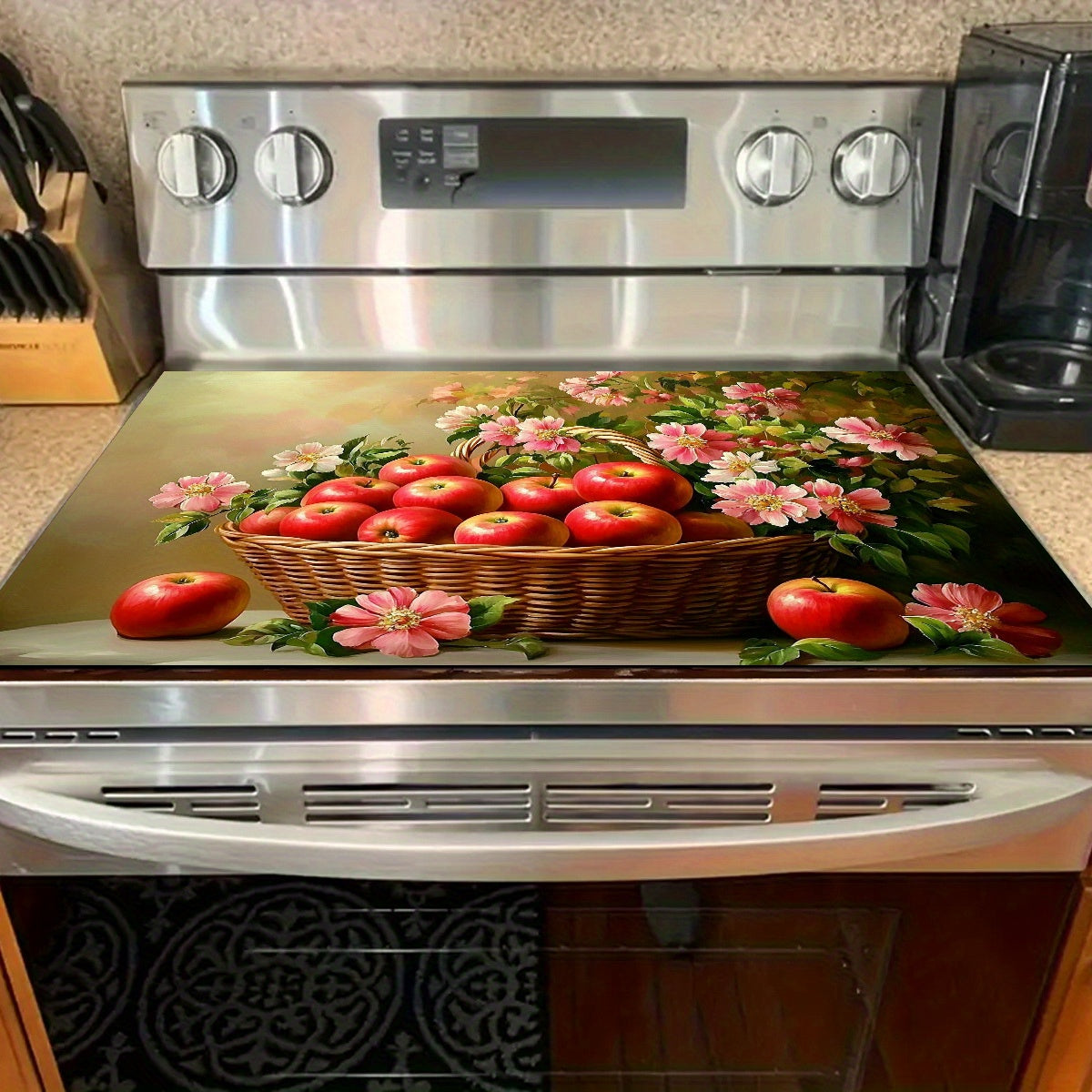 Issiqqa chidamli, chizishga qarshi gaz plitasining ustki qoplamasi, olma va fan gul dizayni bilan, sirpanmaydigan, oson tozalash uchun oshxona stol usti drenaji