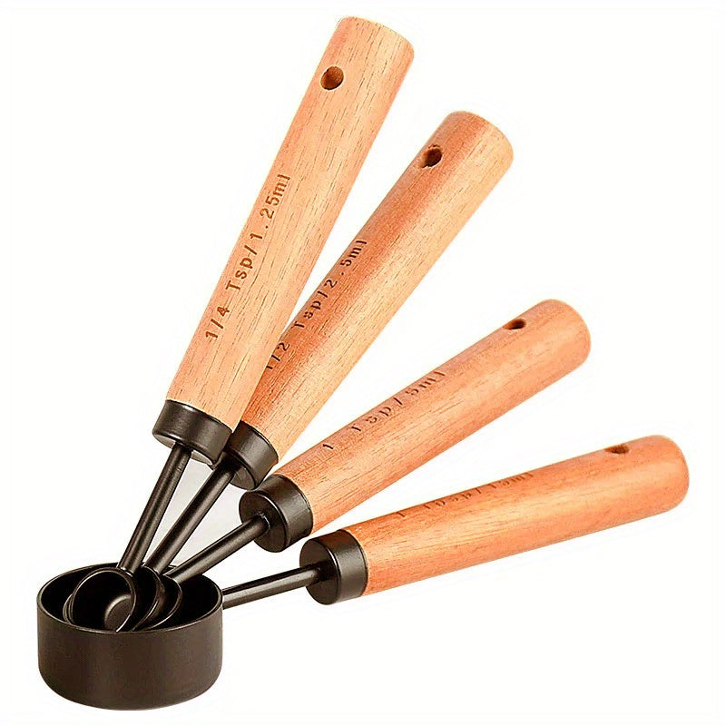 Juego de 4 tazas y cucharas medidoras de acero inoxidable con mangos de madera