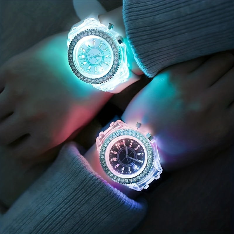 Glow-in-the-Dark Silicone Watch for Men Women Kids LED Time Display Casual Fashion Rhinestone Accents