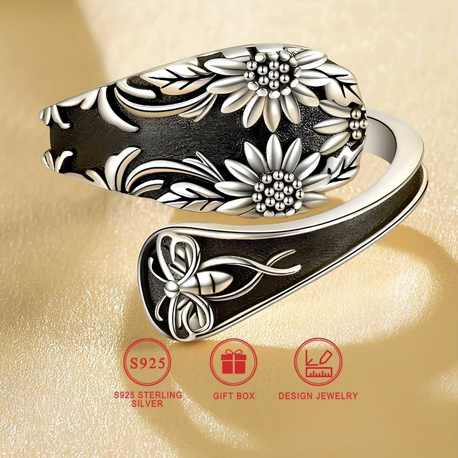 "Sterling Silver qoshiq halqa, quyosh gul va chamomile dizayni - Vintage Bohemian uslubi, kapalak va gullar o'yilgan, gippoallergen, sovg'a qutisi bilan birga - Onalar kuni va har kuni kiyish uchun ideal"