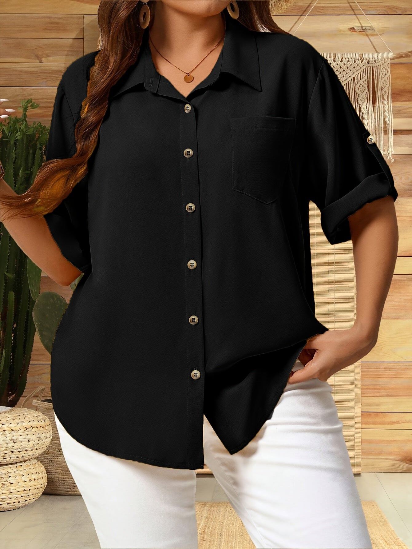 Women's Plus Size Black V-Neck Short Sleeve Button Shirt Casual Summer Blouse