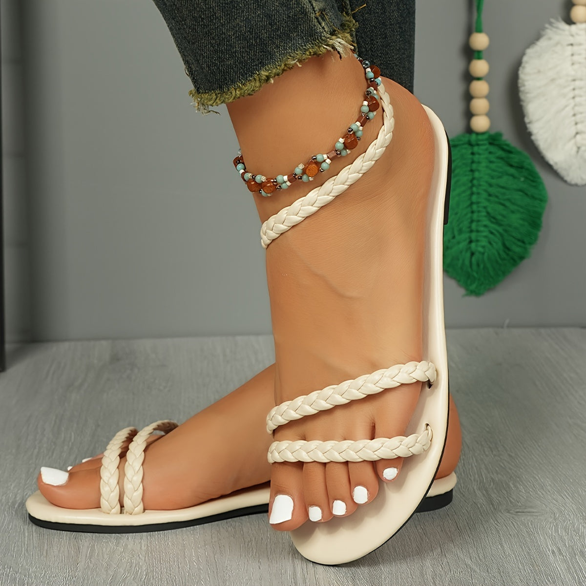 Women's Bohemian Faux Leather Flat Sandals with Braided Straps for Summer Beach
