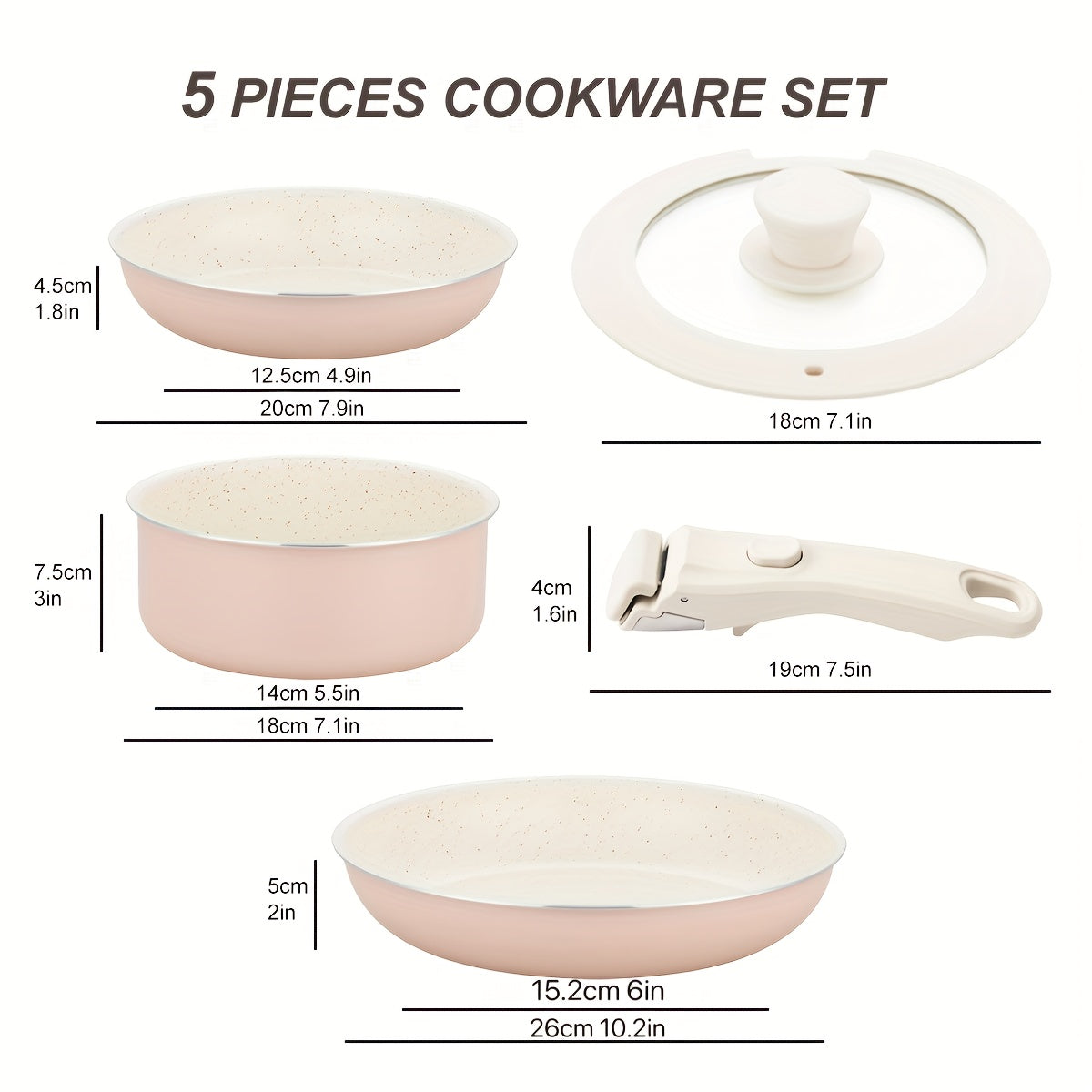 Juego de utensilios de cocina de aluminio con 5 piezas, asas desmontables, apilables, apto para horno, para cocina y camping