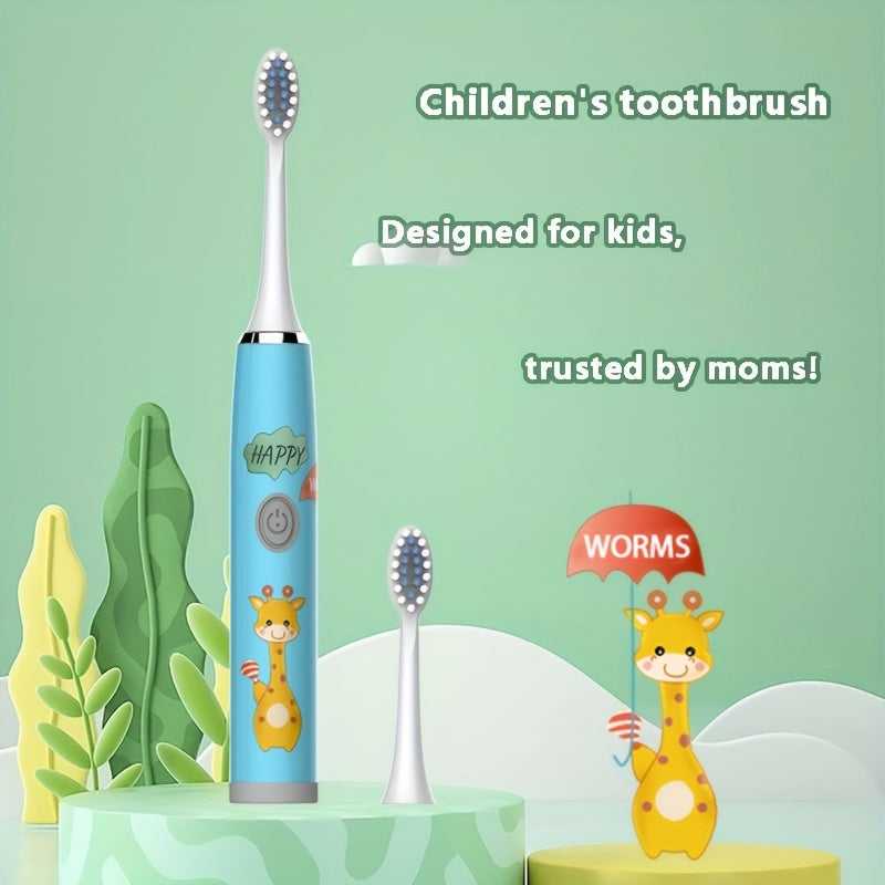 Kids Electric Toothbrush Blue White Giraffe Design Battery Powered for Ages 3-15