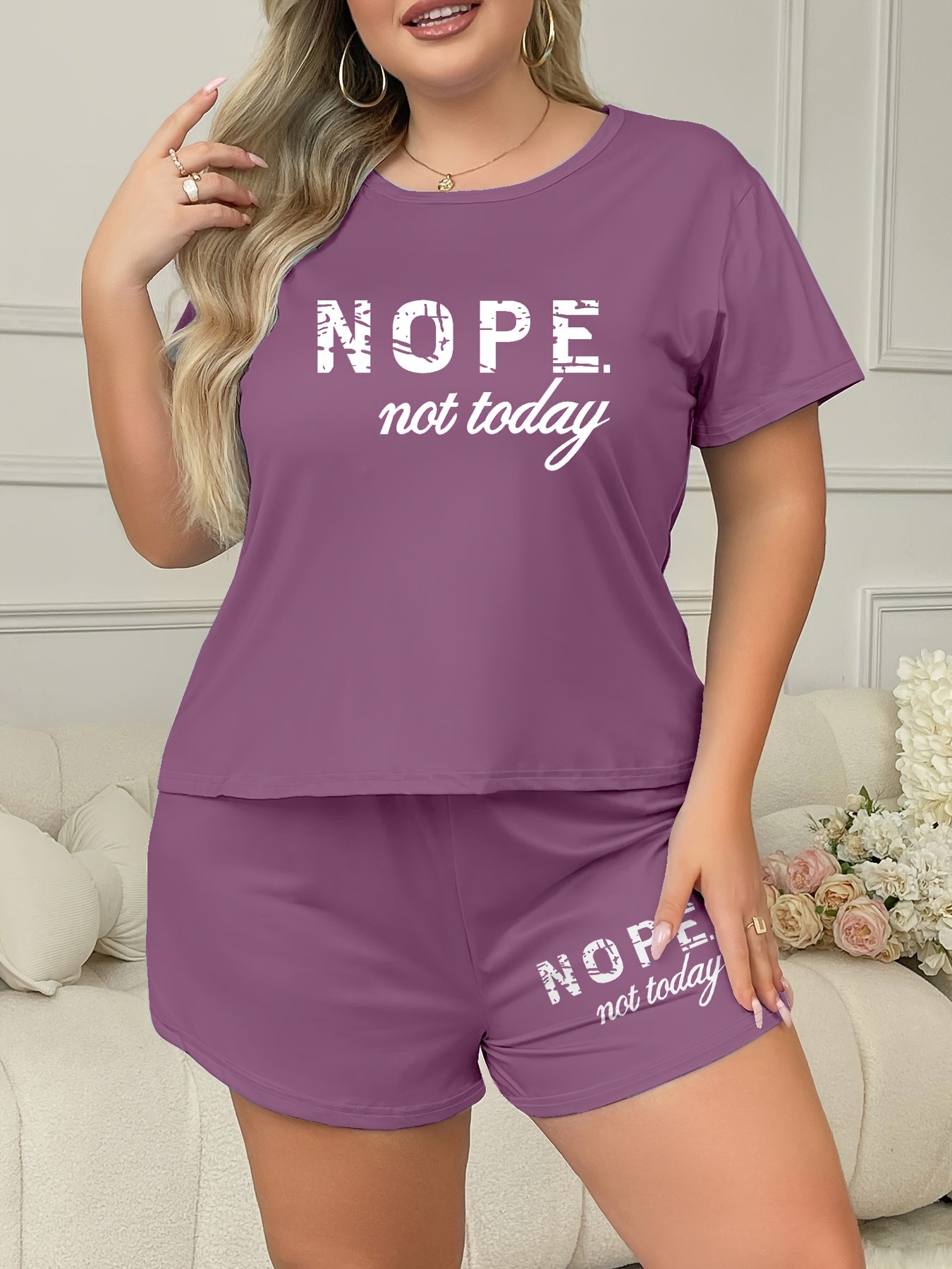 Plus Size Women's Loungewear Set Casual Slogan Print Short Sleeve Top and Elastic Shorts