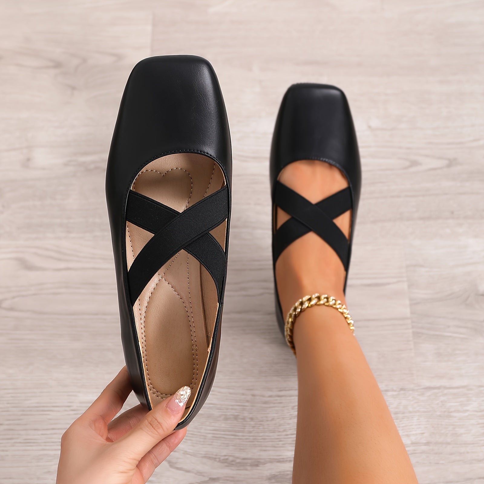Zapatos planos de punta cuadrada para mujer, bailarinas slip-on con correas elásticas