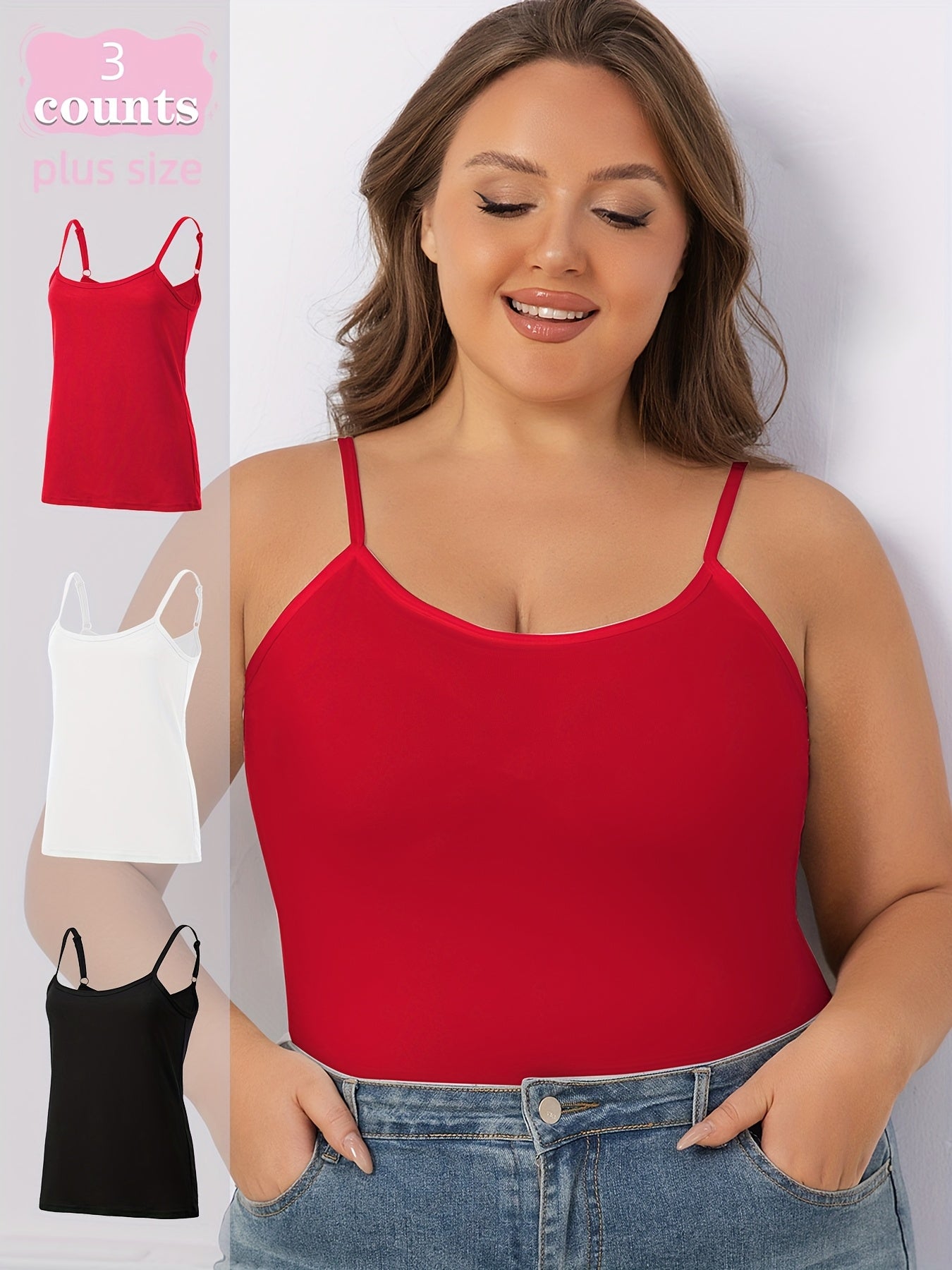 Women's Adjustable Strap Tank Tops 3-Pack Longline Camisole Solid Color Sleeveless Layering