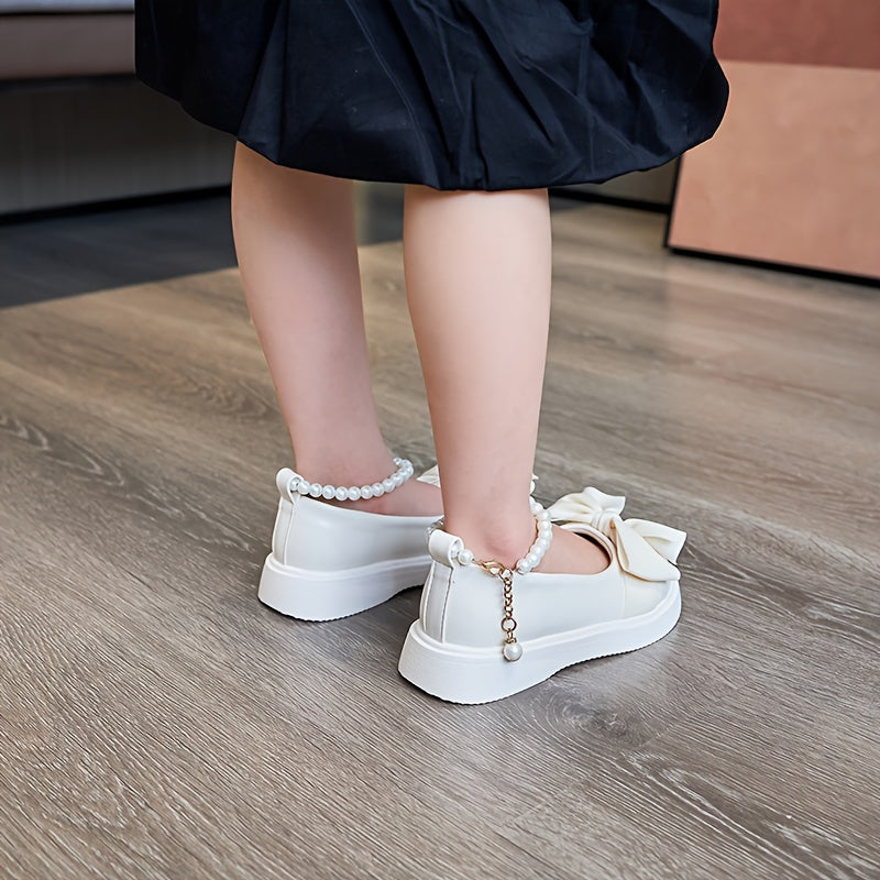 Zapatos de niña Mary Jane con lazo y decoración de perlas para primavera y otoño