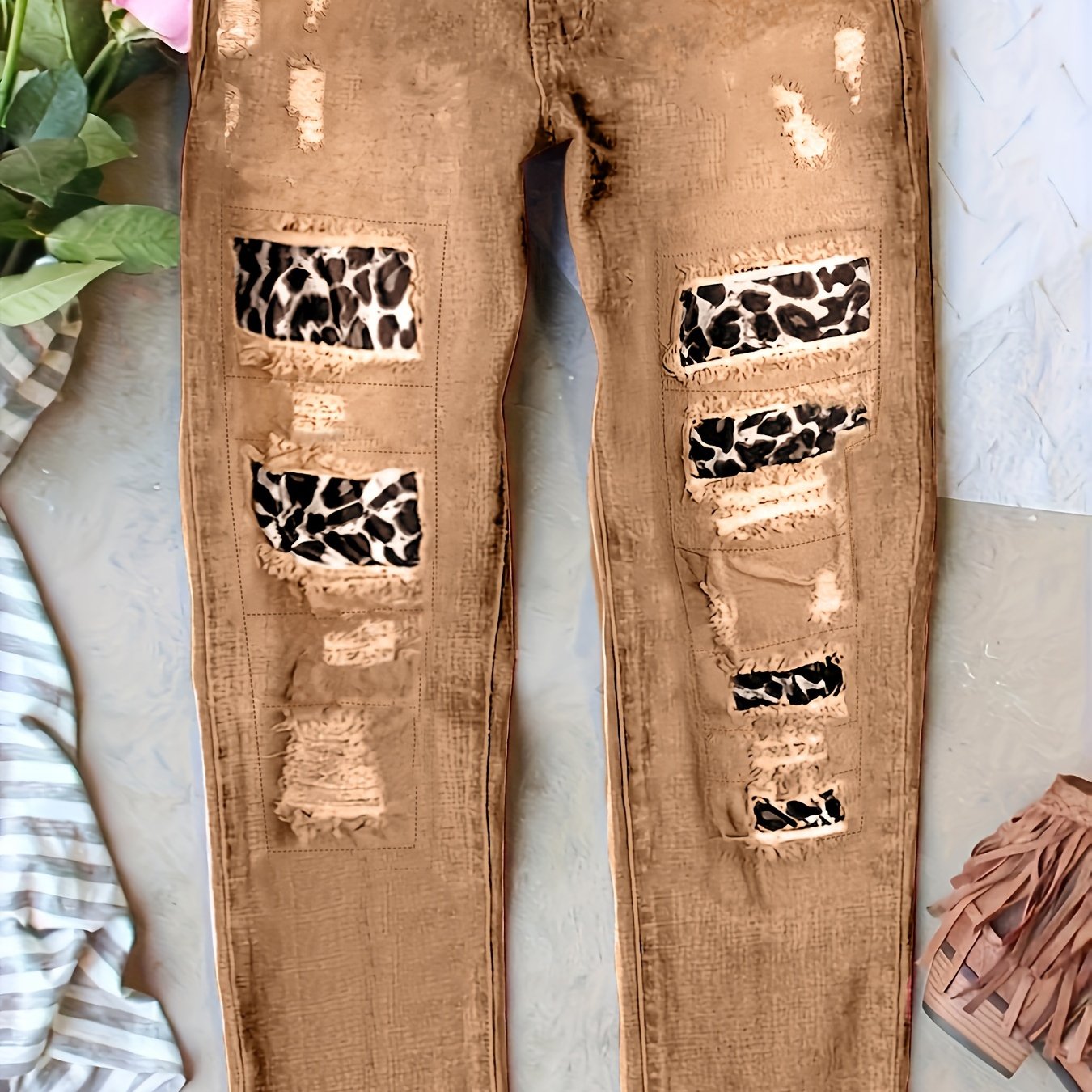 Plus Size Elastic Patchwork Leopard Print Jeans Womens Denim Pants