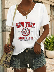 Plus Size Women's V-Neck T-Shirt Short Sleeve Loose Fit White Casual Top