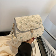 Women's Small Shoulder Bag 2024 Summer Crossbody with Lace and Grass Weaving Beige Khaki