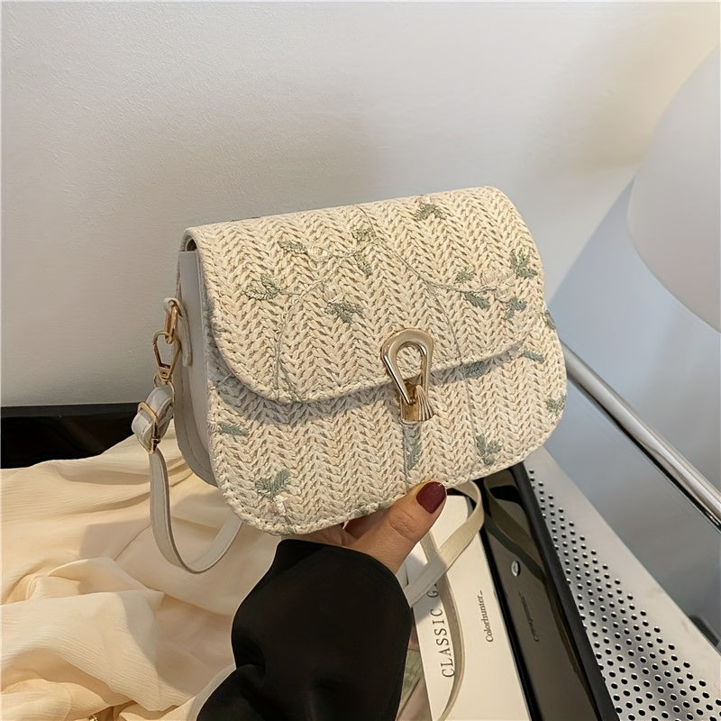 Women's Small Shoulder Bag 2024 Summer Crossbody with Lace and Grass Weaving Beige Khaki