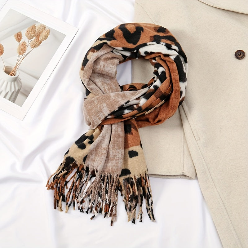 Color Block Leopard Print Scarf for Men, Warm Woven Polyester Shawl