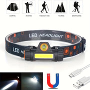 Rechargeable Dual Light Source Headlamp with USB Fast Charging and Magnetic Absorption