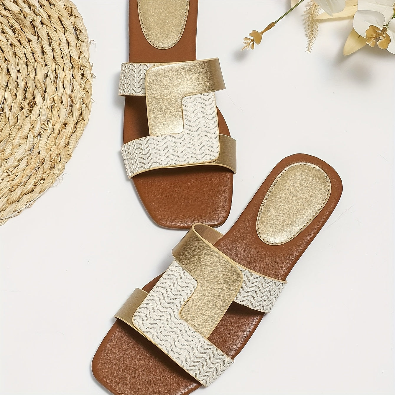 Women's Square Toe Slide Sandals with Two-Tone Gold and White Chevron Design