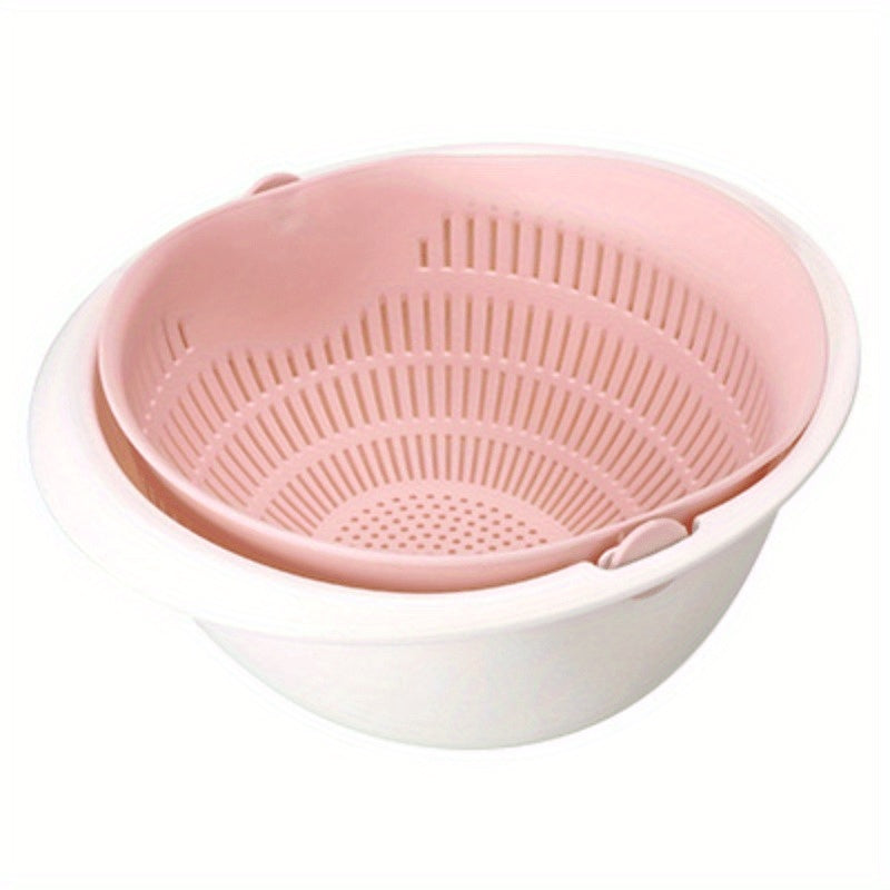 Single piece colander with two-tiered draining basket rotating plastic strainer reusable washing basket for kitchen